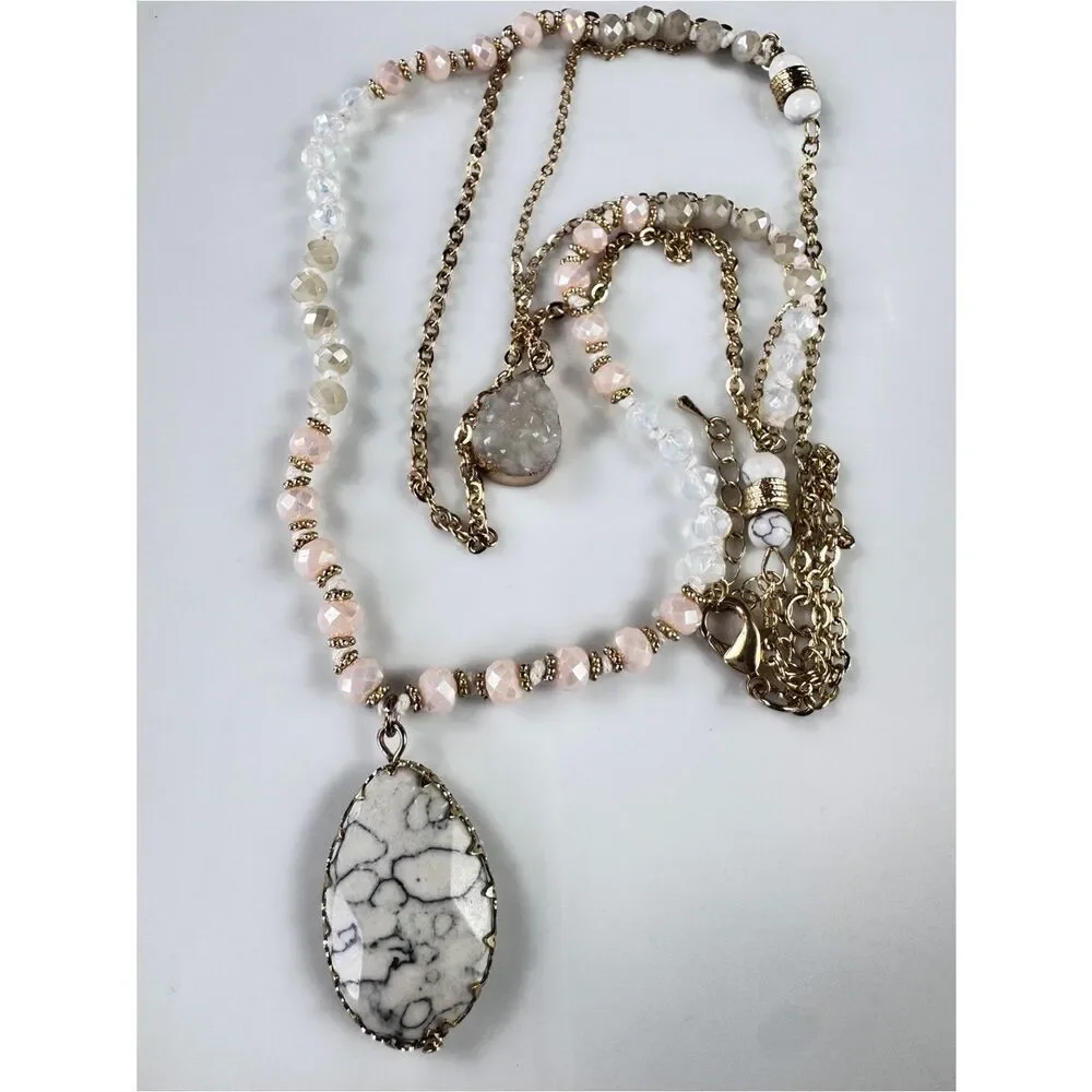 Gold-Tone Layered Necklace with Pink Beads and White Marbled Teardrop Pendant